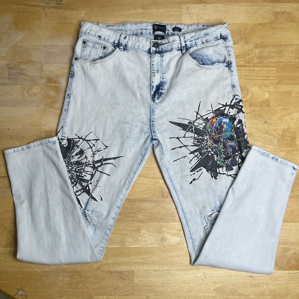 Waimea Jeans Skinny‎ Fit Graffiti Skull Stretch Acid Wash Men's 40x32 Distressed
